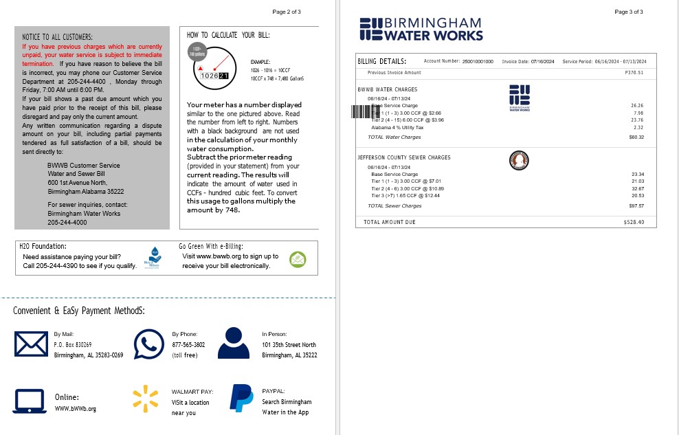 UNITED KINGDOM BIRMINGHAM WATER business utility bill Word and PDF template 2 3 PSD template
